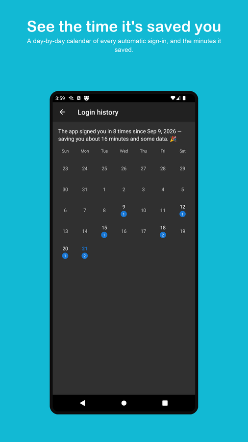A month calendar headed with how many times the app signed the user in, each day that had a sign-in marked with a count badge.
