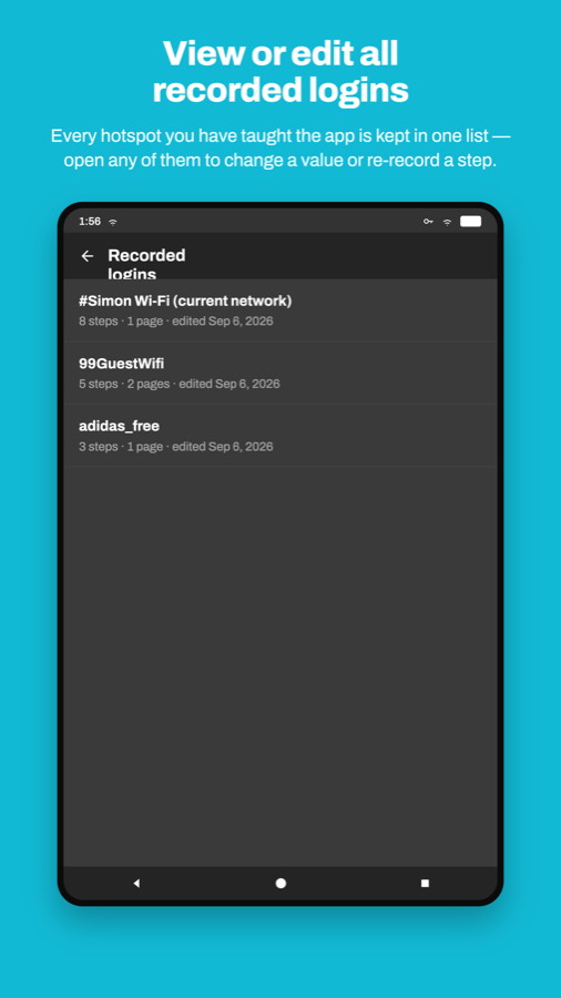 A list of recorded logins for several networks, each showing its step count, page count and last edited date.