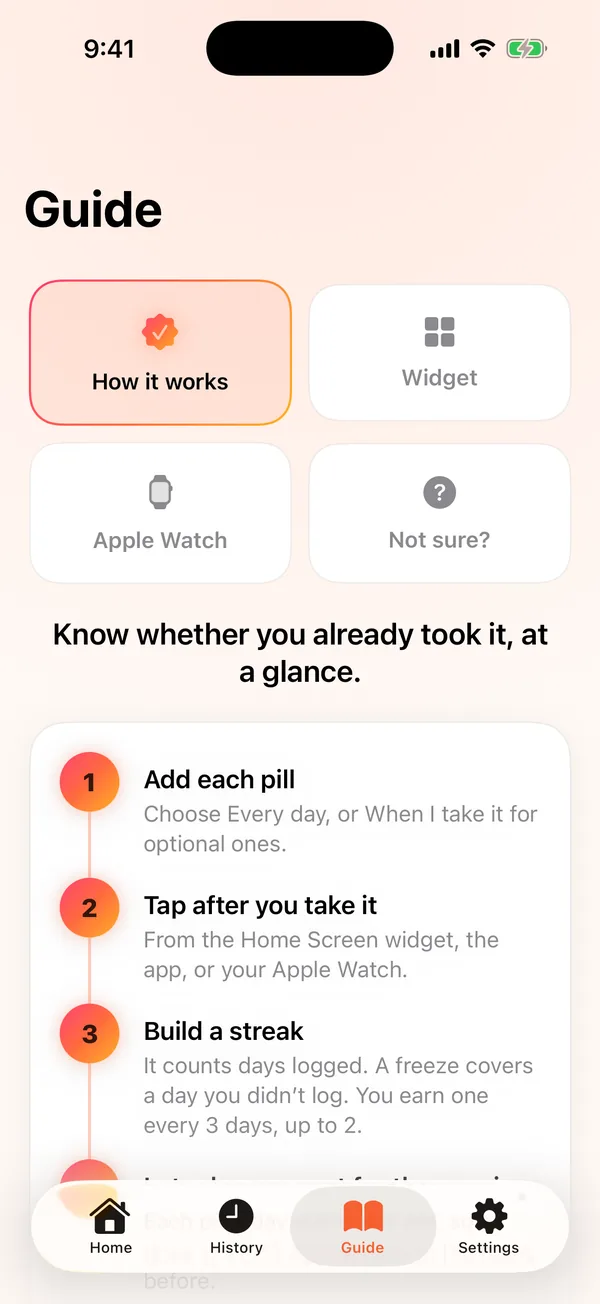 The Guide tab explaining how Taken works in numbered steps.