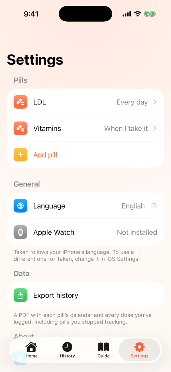 Settings with pills, language, Apple Watch and export.