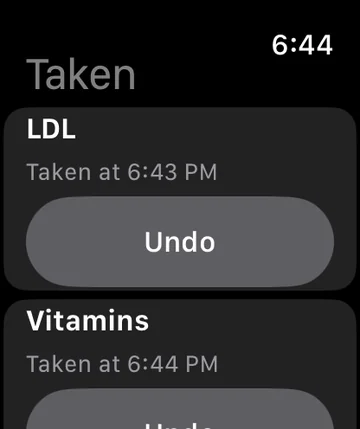 Taken on Apple Watch: LDL and Vitamins, each taken, with an Undo button.